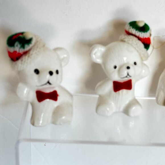 Vtg Snow Bear Ornaments 4 Porcelain Bears Knit Hats Bows Christmas Around the - Picture 3 of 16